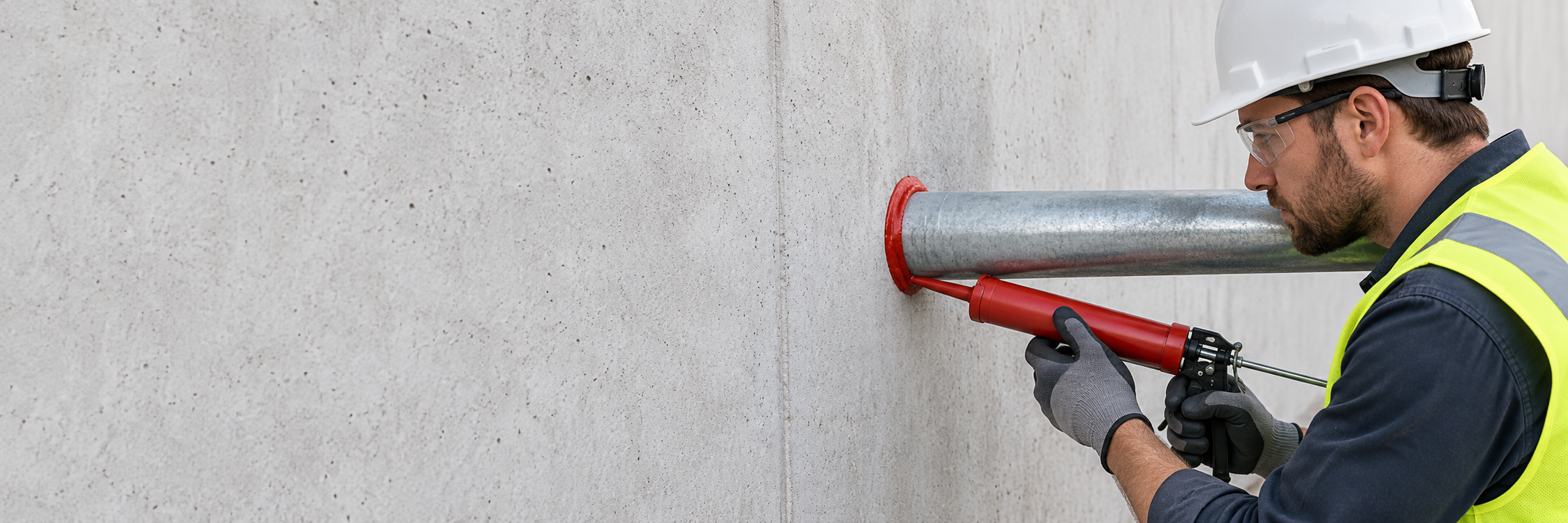 Technician applying firestop sealant around a pipe penetration