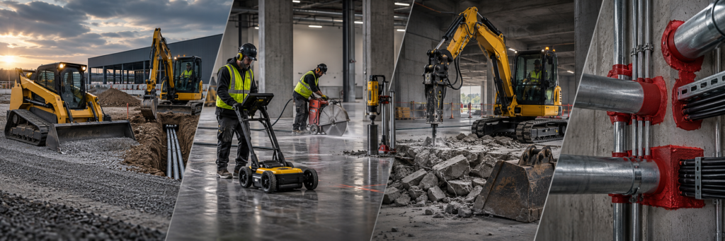 Grading and utility trenching, cutting coring and scanning, breaking and removal, and firestopping