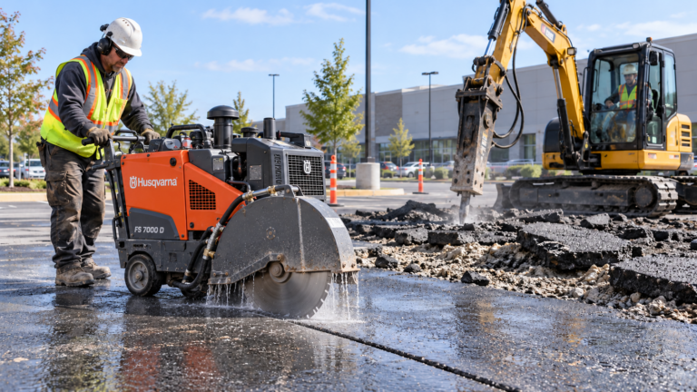Asphalt cutting with FS 7000 D saw and hydraulic breaking